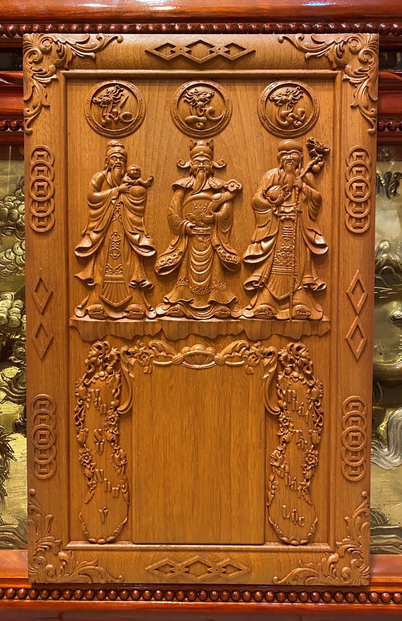 Tranh đốc lịch gỗ gõ đỏ điêu khắc ,Phúc Lộc Thọ -TG247